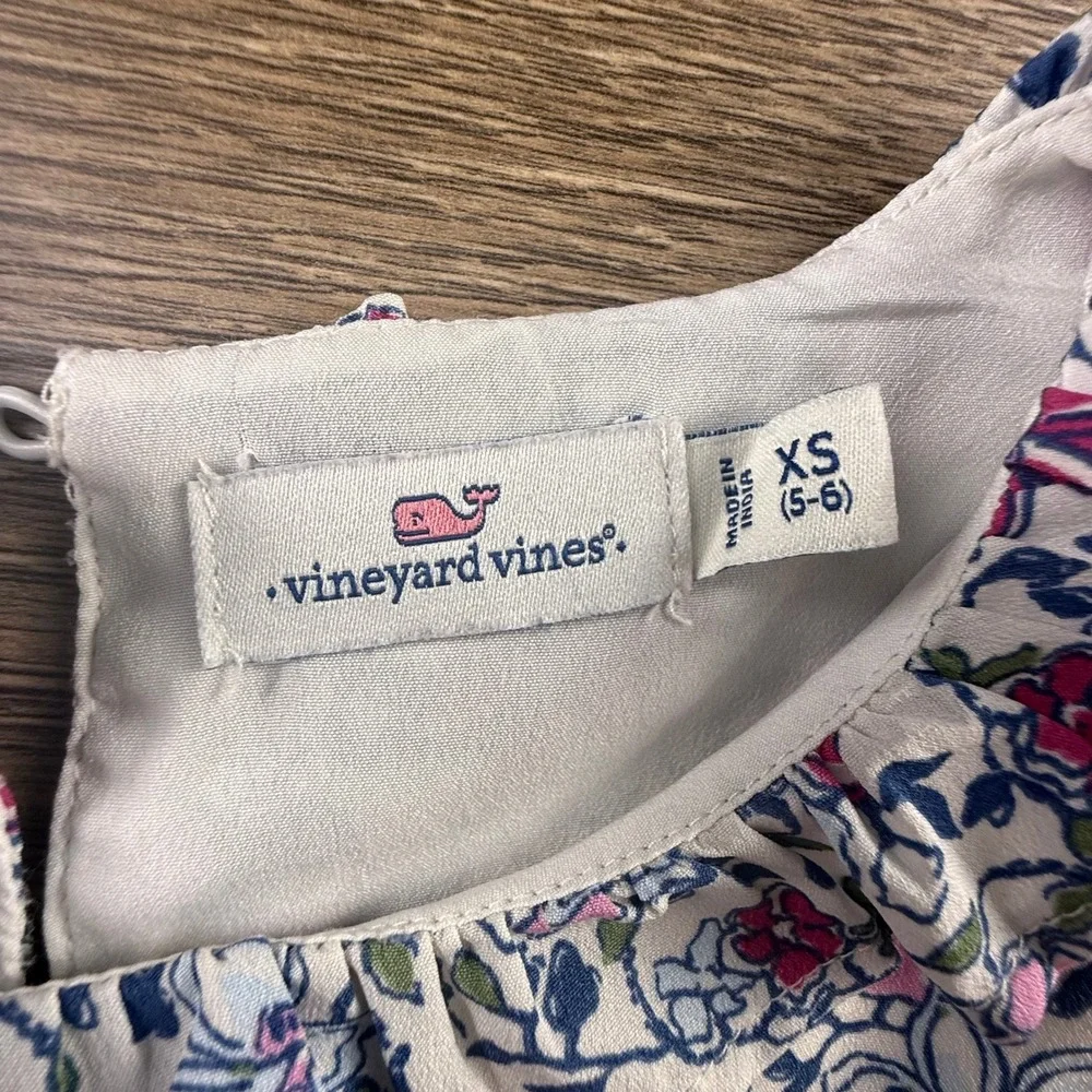 Vineyard Vines Girls Floral Tiered Dress Ruffle Collar Cream Lined XS 5-6 Party
